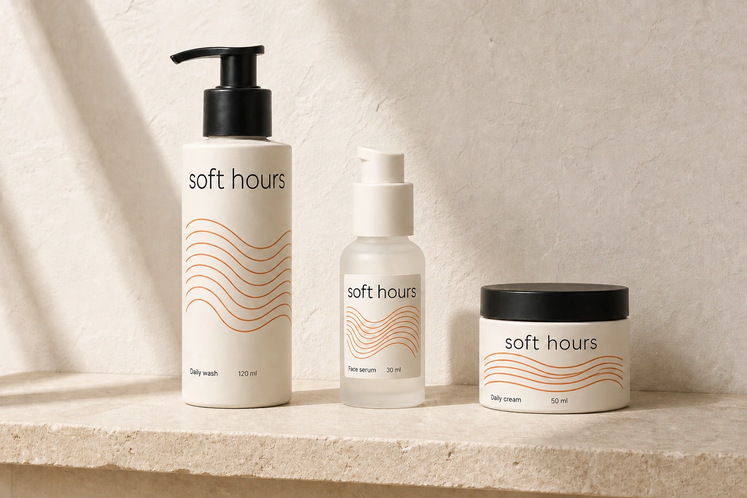 The Soft Hours collection on a sunlit limestone shelf